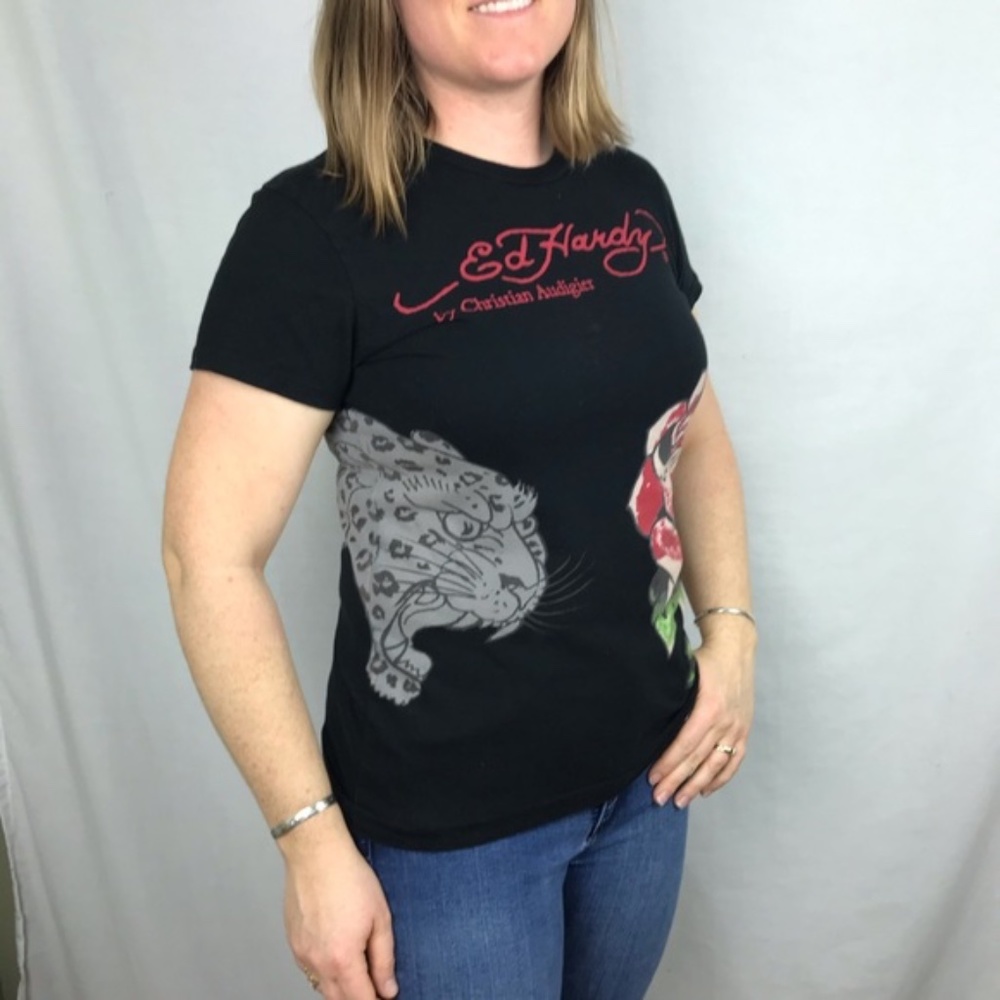 ED HARDY leopard / rose graphic tattoo art sz L